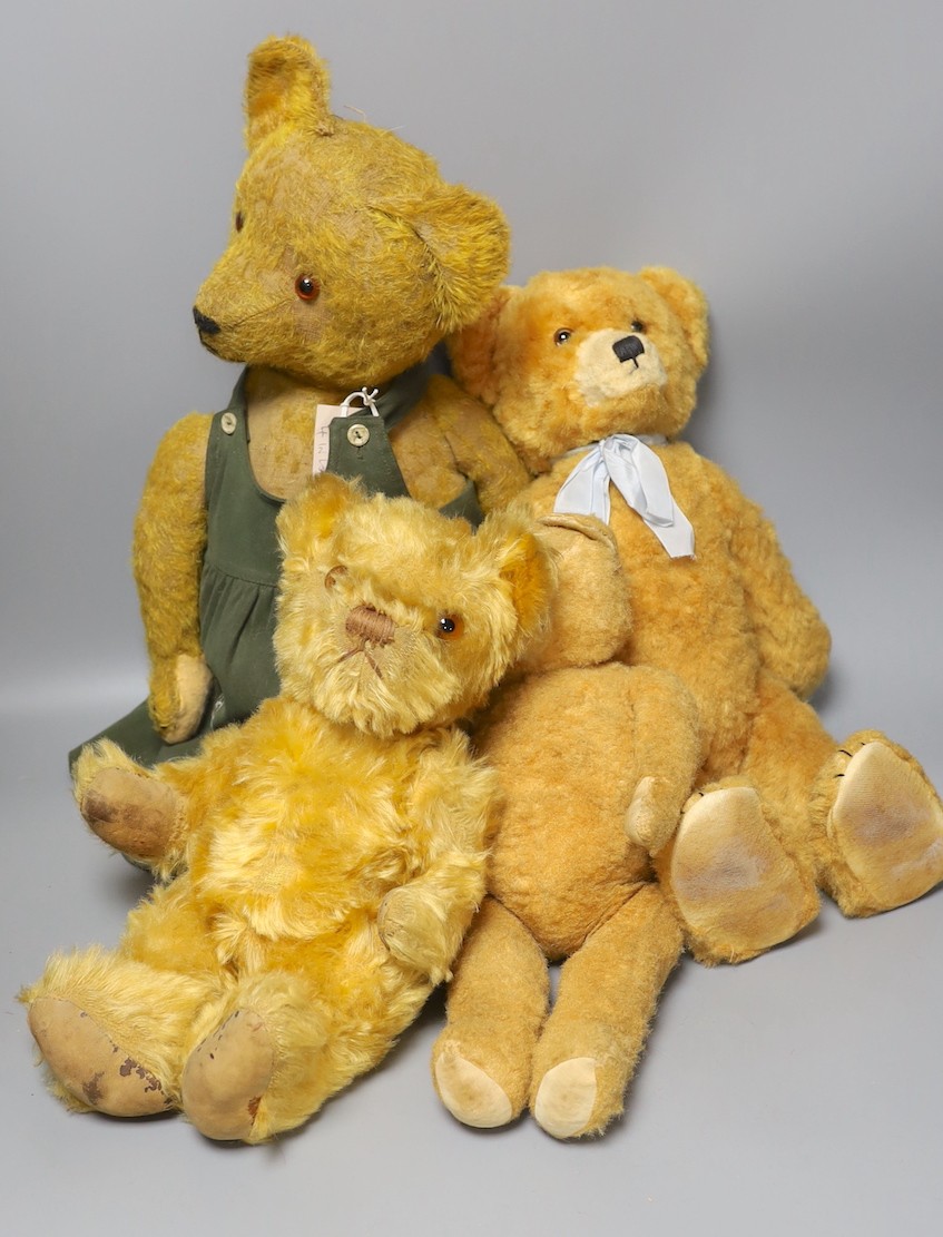 A 1930's bear in green dress, 58cm, with a synthetic European Bear, 40cm, and a synthetic european bear, 47cm, also a invicta beard, 40cm